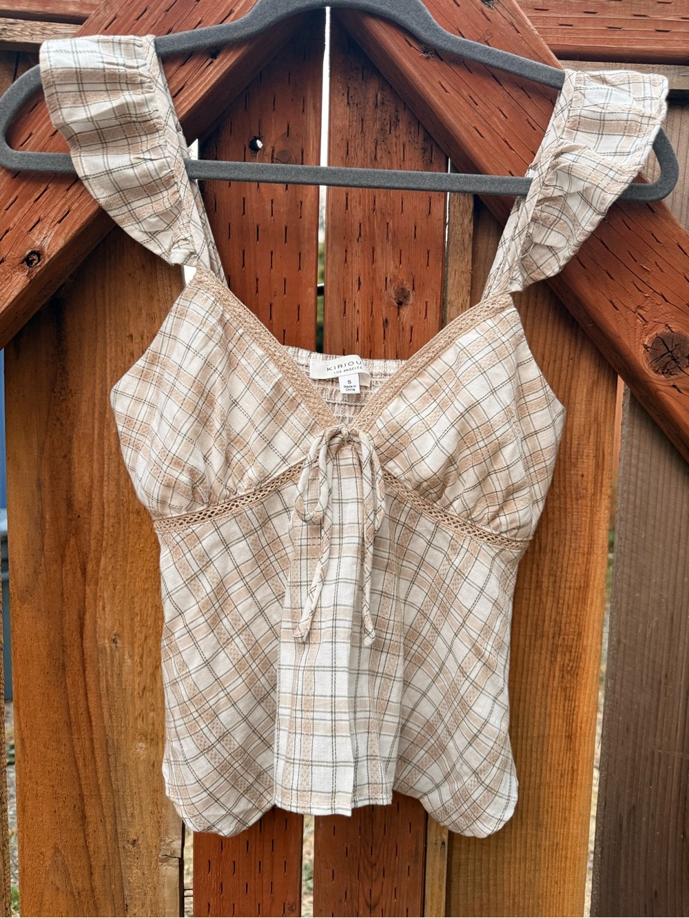 Cream Plaid Tie-Front Babydoll Blouse